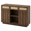 Merax Sideboard mit Rattanfront und Goldgriffen, Holzkommode mit Schubladen und offenen Regalen, 120x40x85cm Walnuss