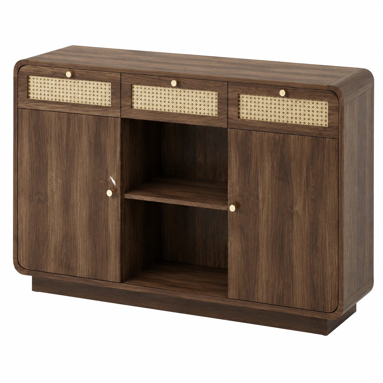 Merax Sideboard mit Rattanfront und Goldgriffen, Holzkommode mit Schubladen und offenen Regalen, 120x40x85cm Walnuss