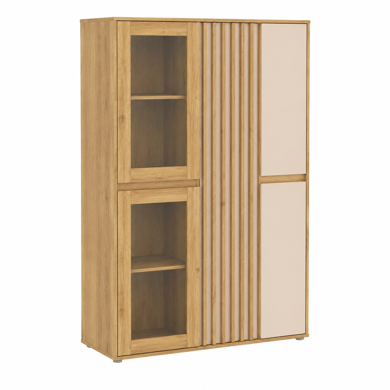 Moderne Vitrine ELISTON mit Lamellendesign, 5 Türen, Eiche Mauvella/Kashmir Beige, 110 cm breit