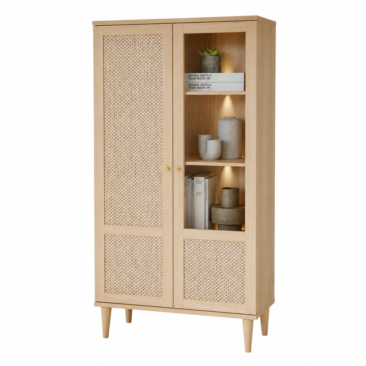 CALASETTA Vitrinenschrank mit Rattan, 2-türig, Eiche-Dekor, 80 cm Breite